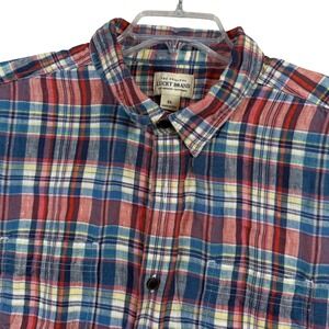 Lucky Brand Button Down Shirt Men XL Multicolor Plaid 100% Linen Short Sleeve